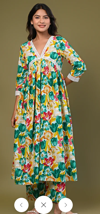 Women’s Floral Printed A-Line Kurta Set with Lace Detailing